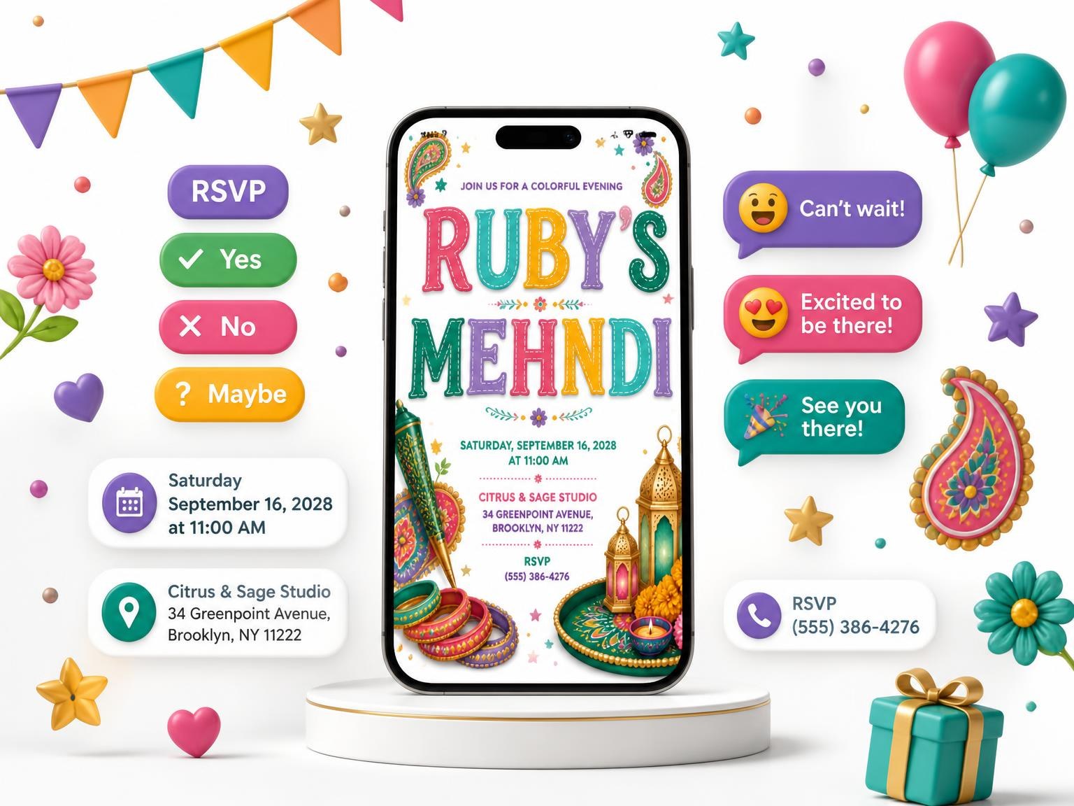 The Gold Mehndi Invitation invitation on a phone, with guest RSVPs arriving around it