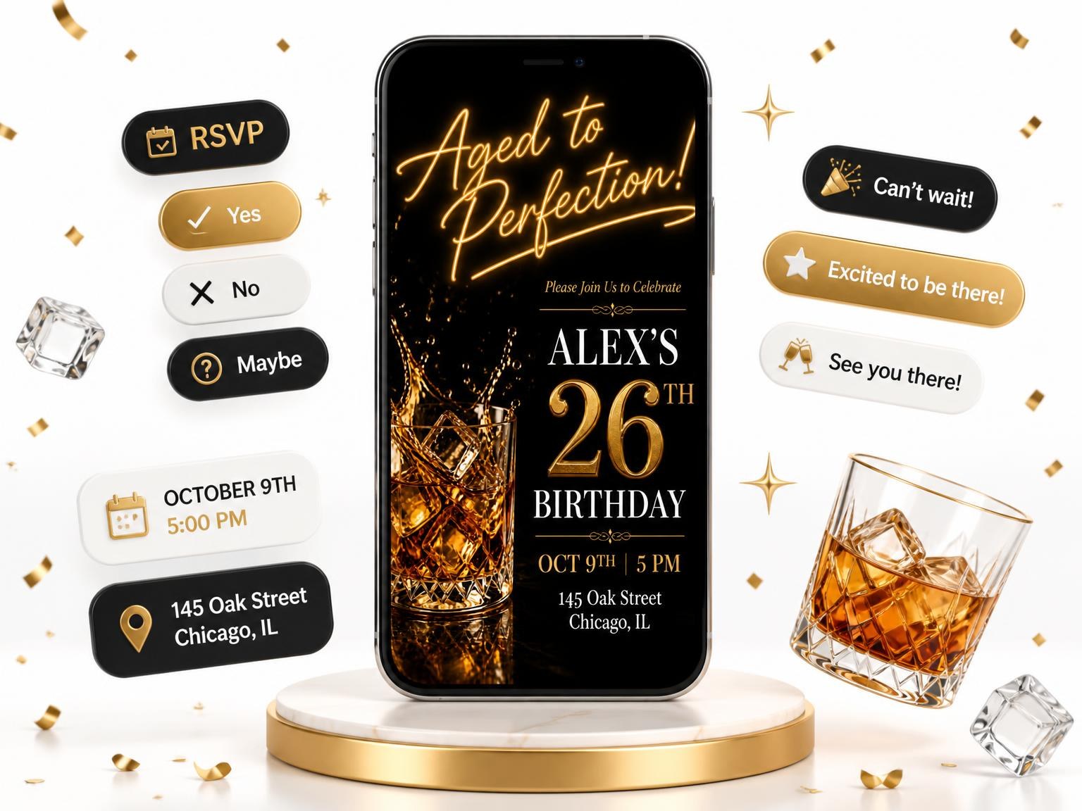 The Neon Tube 26th Birthday Invitation invitation on a phone, with guest RSVPs arriving around it