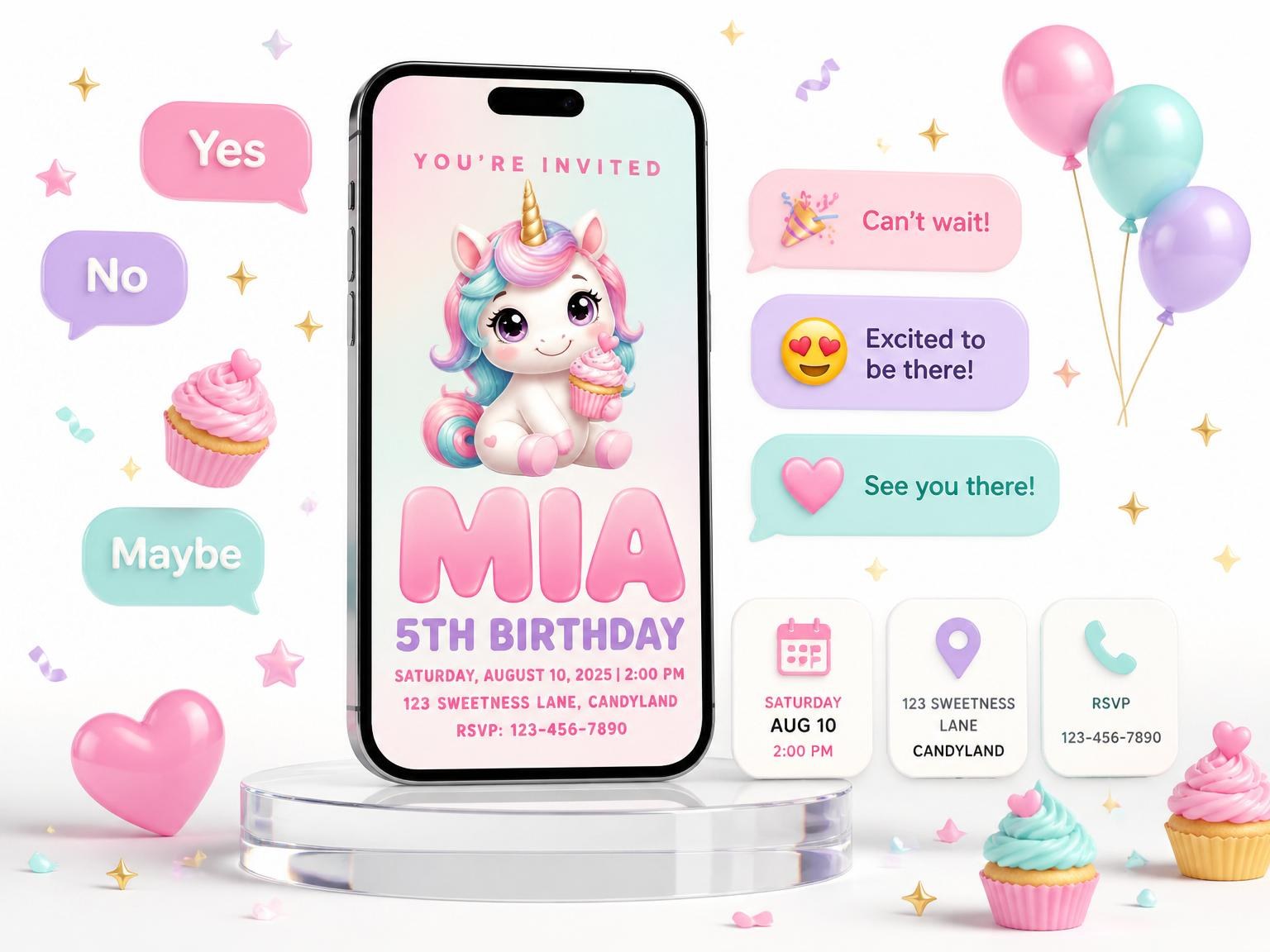 The Pastel Unicorn Cupcake 5th Birthday invitation on a phone, with guest RSVPs arriving around it
