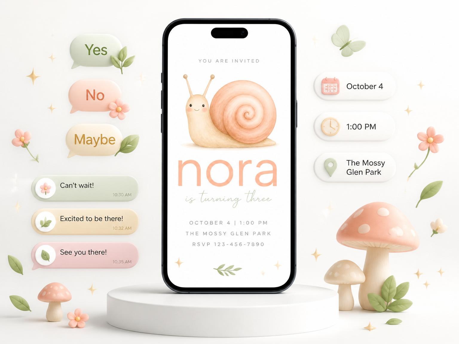 The Peach Watercolor Snail 3rd Birthday Invite invitation on a phone, with guest RSVPs arriving around it