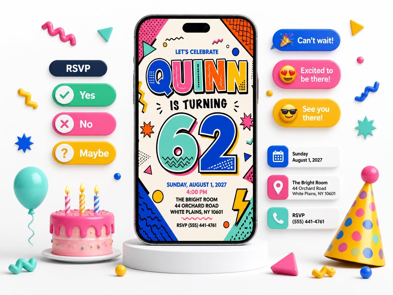 The Memphis Pop 62nd Birthday Invitation invitation on a phone, with guest RSVPs arriving around it