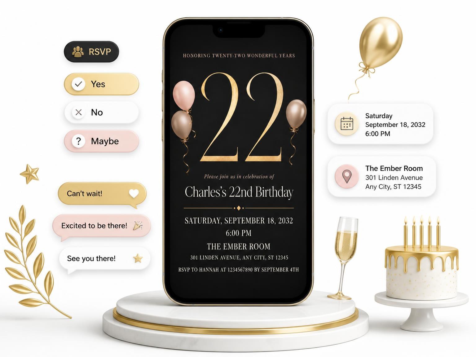 The Charcoal and Blush 22nd Birthday Invitation invitation on a phone, with guest RSVPs arriving around it