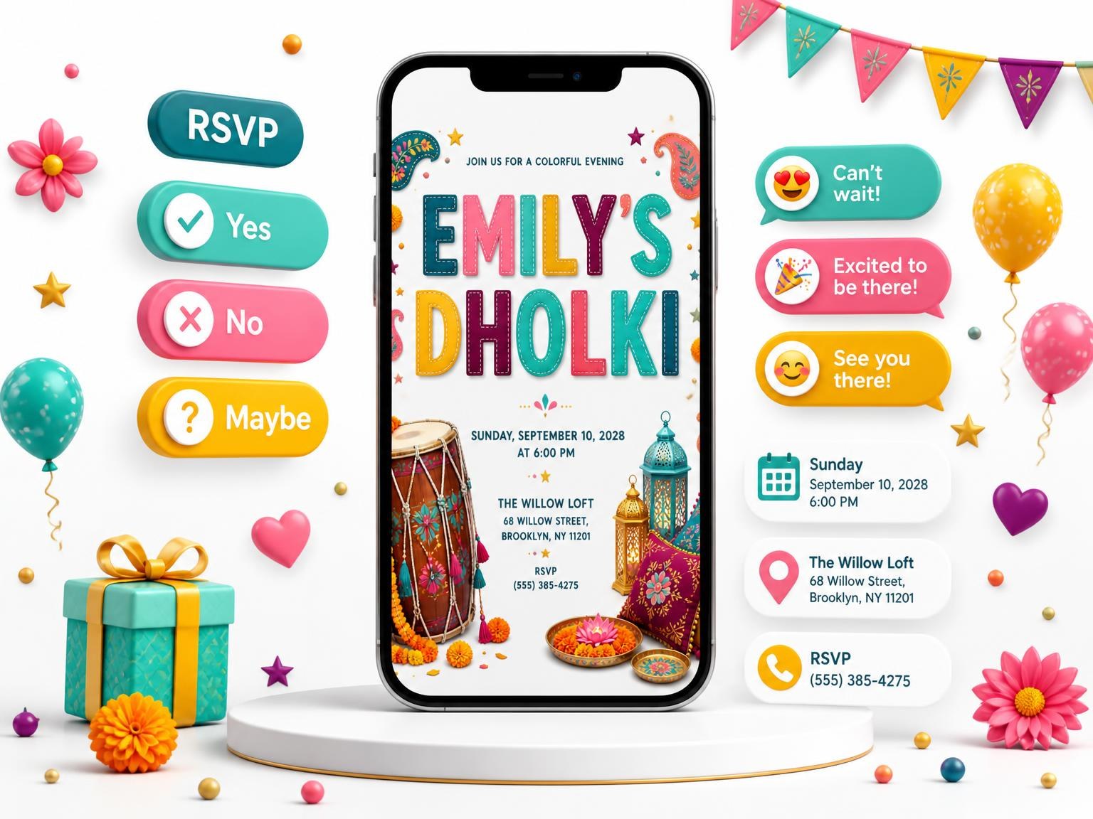 The Dholak Drum Dholki Invitation invitation on a phone, with guest RSVPs arriving around it