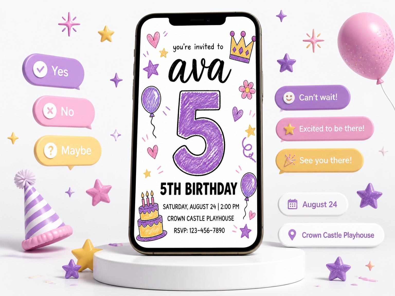 The Purple Yellow Crayon 5th Birthday invitation on a phone, with guest RSVPs arriving around it