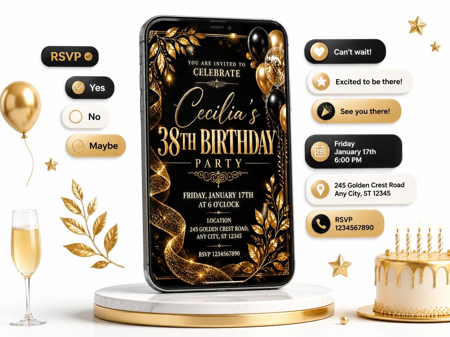 The Black and Gold 38th Birthday Invitation invitation on a phone, with guest RSVPs arriving around it