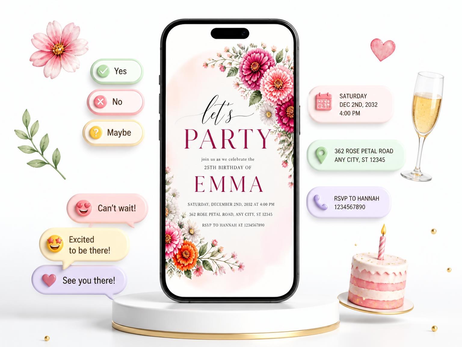 The Fuchsia Zinnia Arch 25th Birthday Invitation invitation on a phone, with guest RSVPs arriving around it