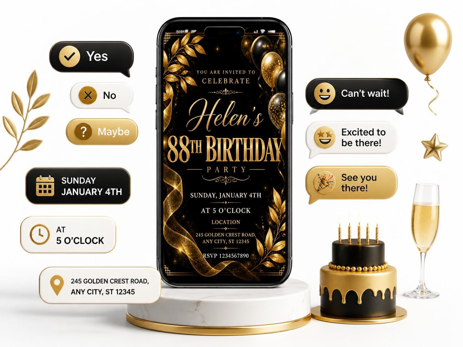 The Black and Gold 88th Birthday Invitation invitation on a phone, with guest RSVPs arriving around it