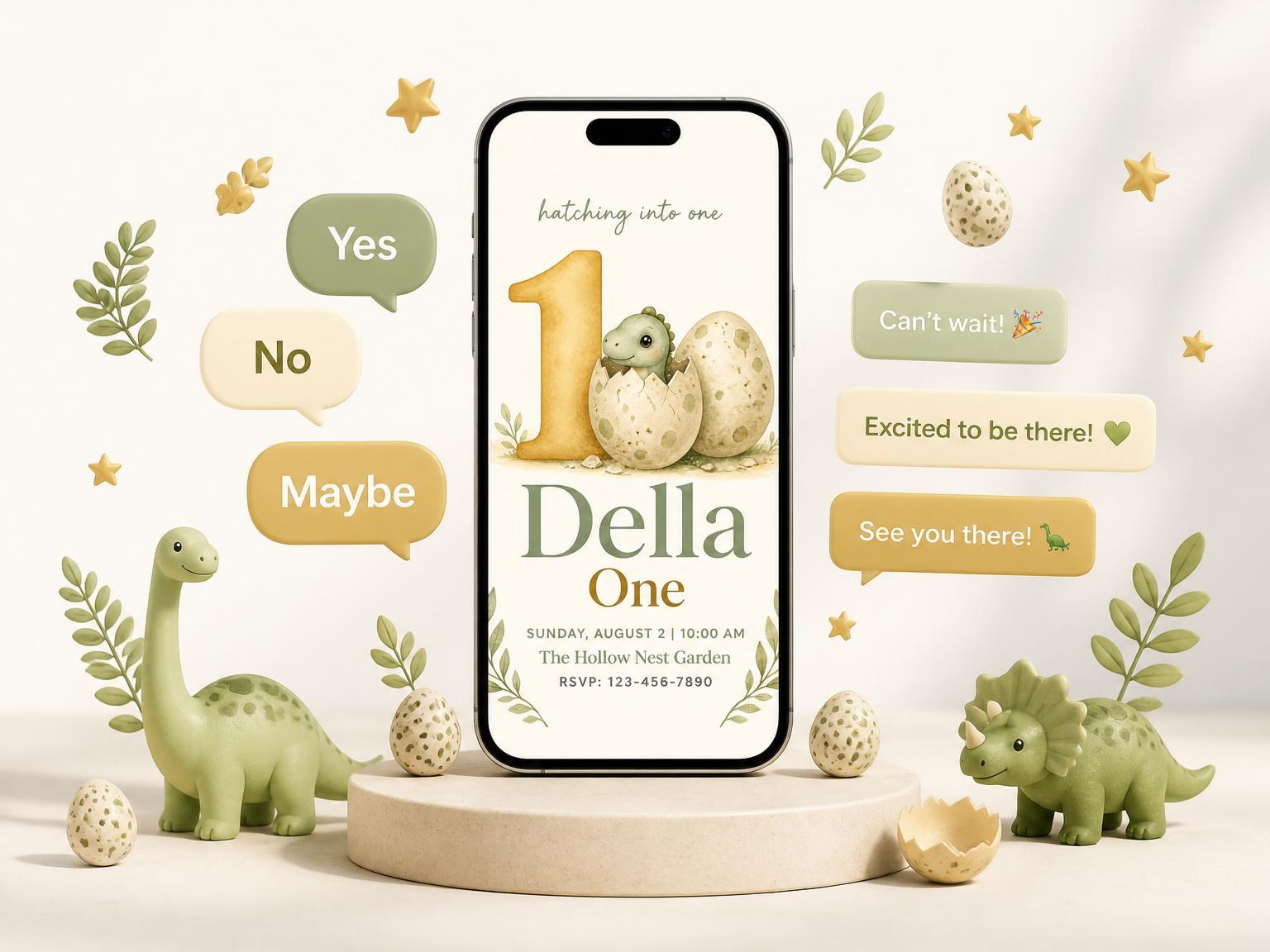 The Watercolor Dino Hatching 1st Birthday invitation on a phone, with guest RSVPs arriving around it