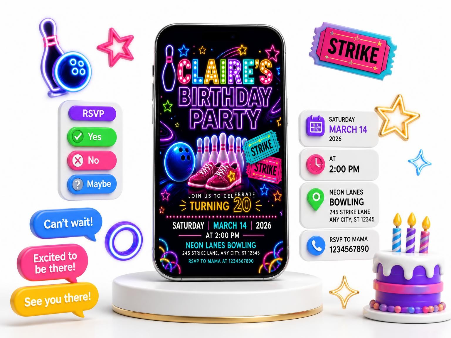 The Neon Bowling 20th Birthday Invitation invitation on a phone, with guest RSVPs arriving around it