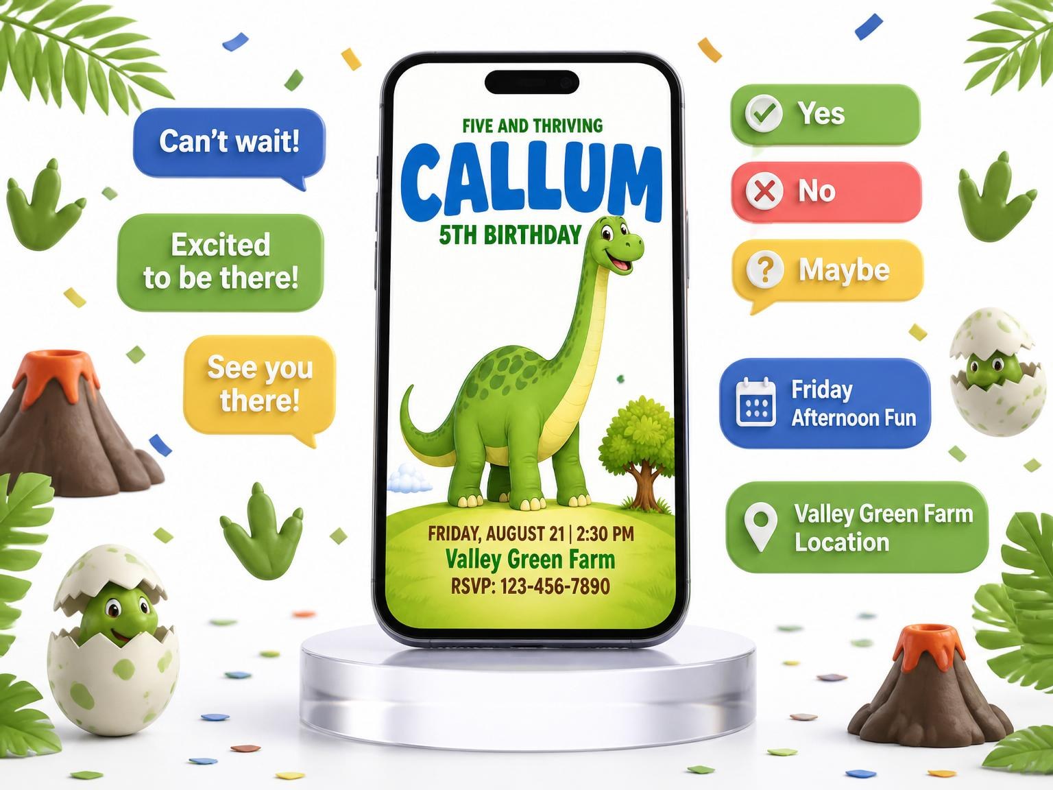 The Bright Green Dinosaur 5th Birthday invitation on a phone, with guest RSVPs arriving around it