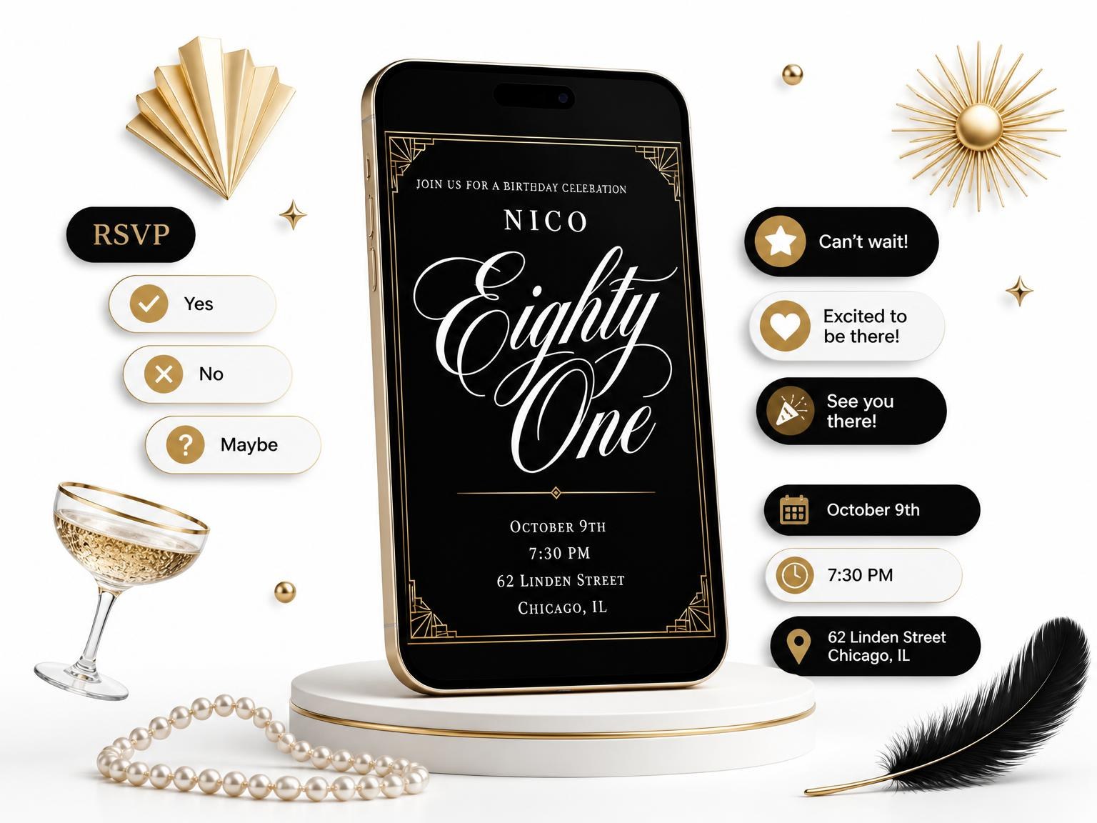 The Art Deco 81st Birthday Invitation invitation on a phone, with guest RSVPs arriving around it