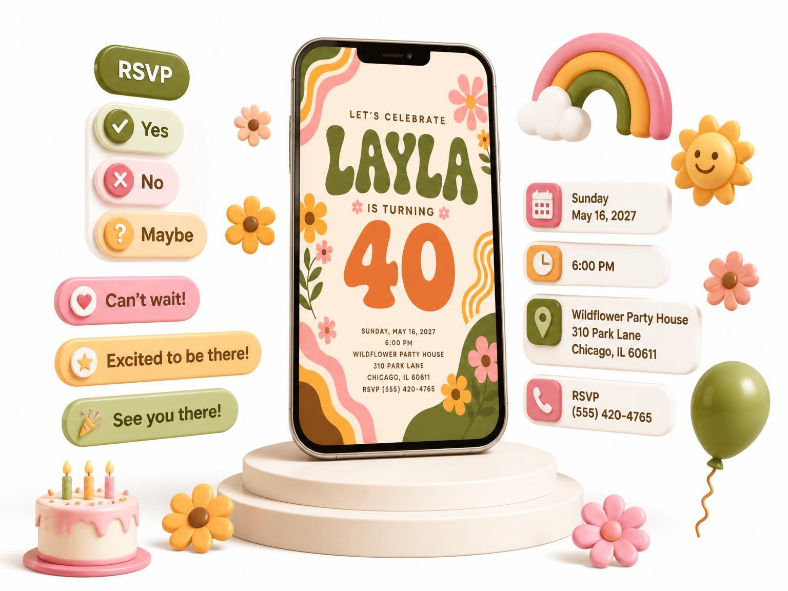 The Groovy Retro 40th Birthday Invitation invitation on a phone, with guest RSVPs arriving around it
