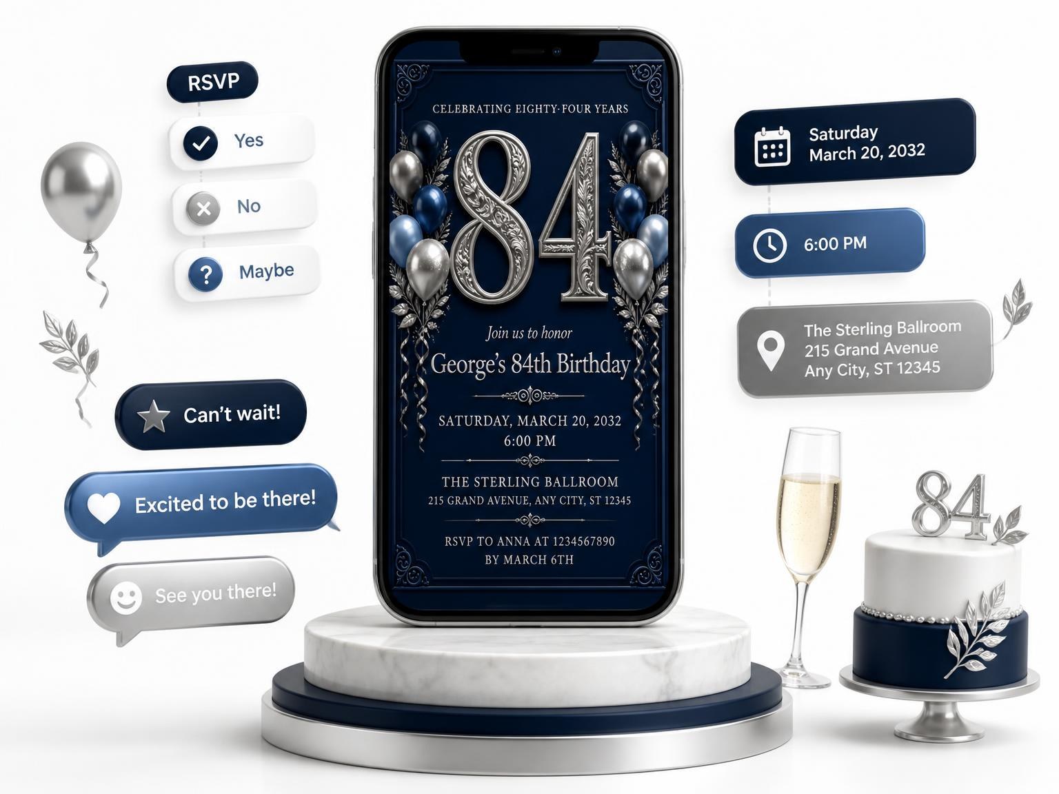 The Navy and Silver 84th Birthday Invitation invitation on a phone, with guest RSVPs arriving around it
