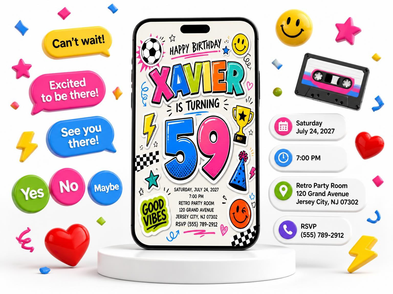 The Sticker Pop 59th Birthday Invitation invitation on a phone, with guest RSVPs arriving around it