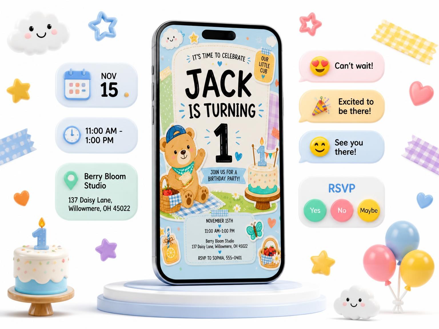 The Bear Cub Pastel 1st Birthday Invitation invitation on a phone, with guest RSVPs arriving around it
