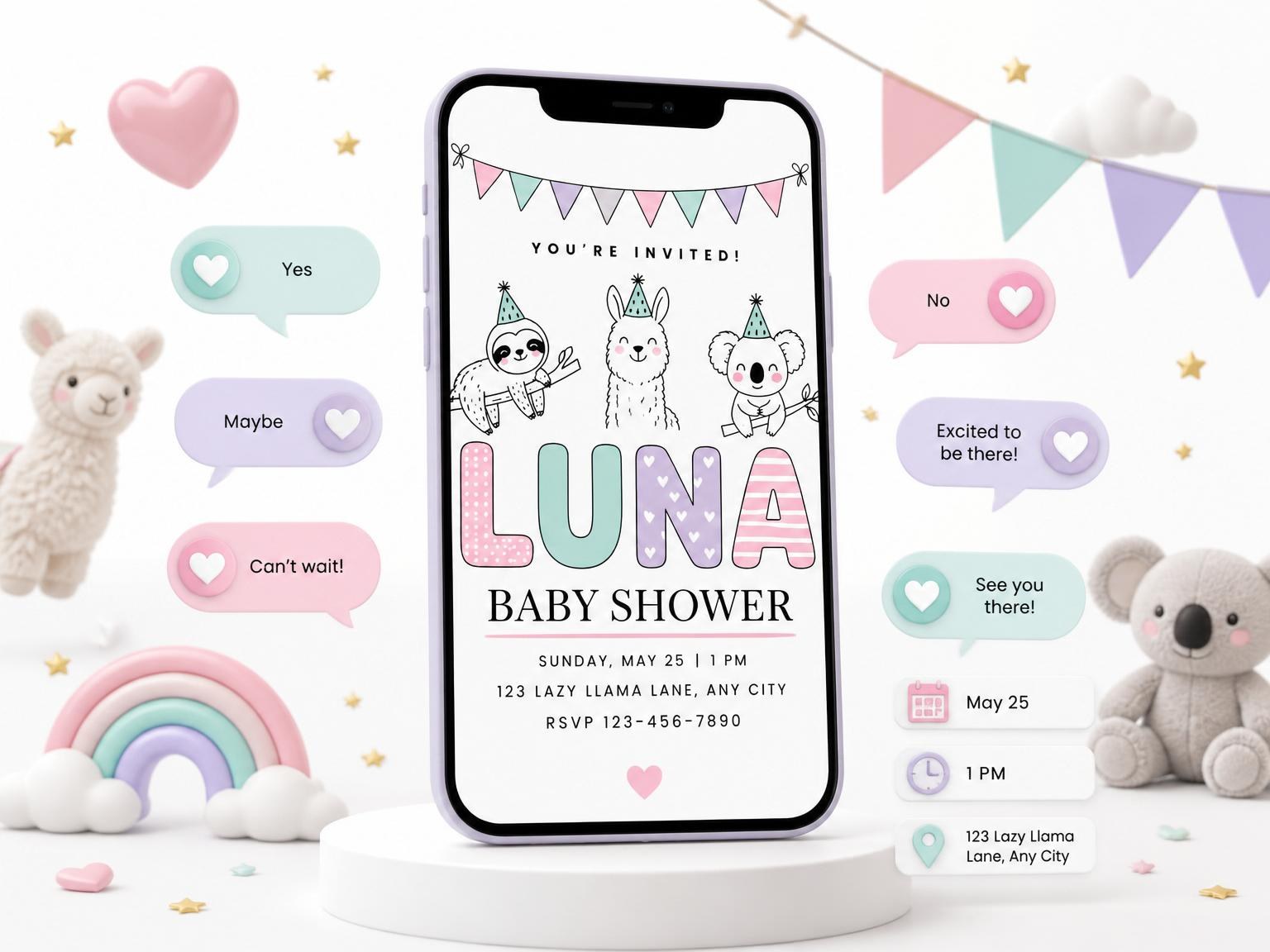 The Pastel Animal Print Baby Shower invitation on a phone, with guest RSVPs arriving around it