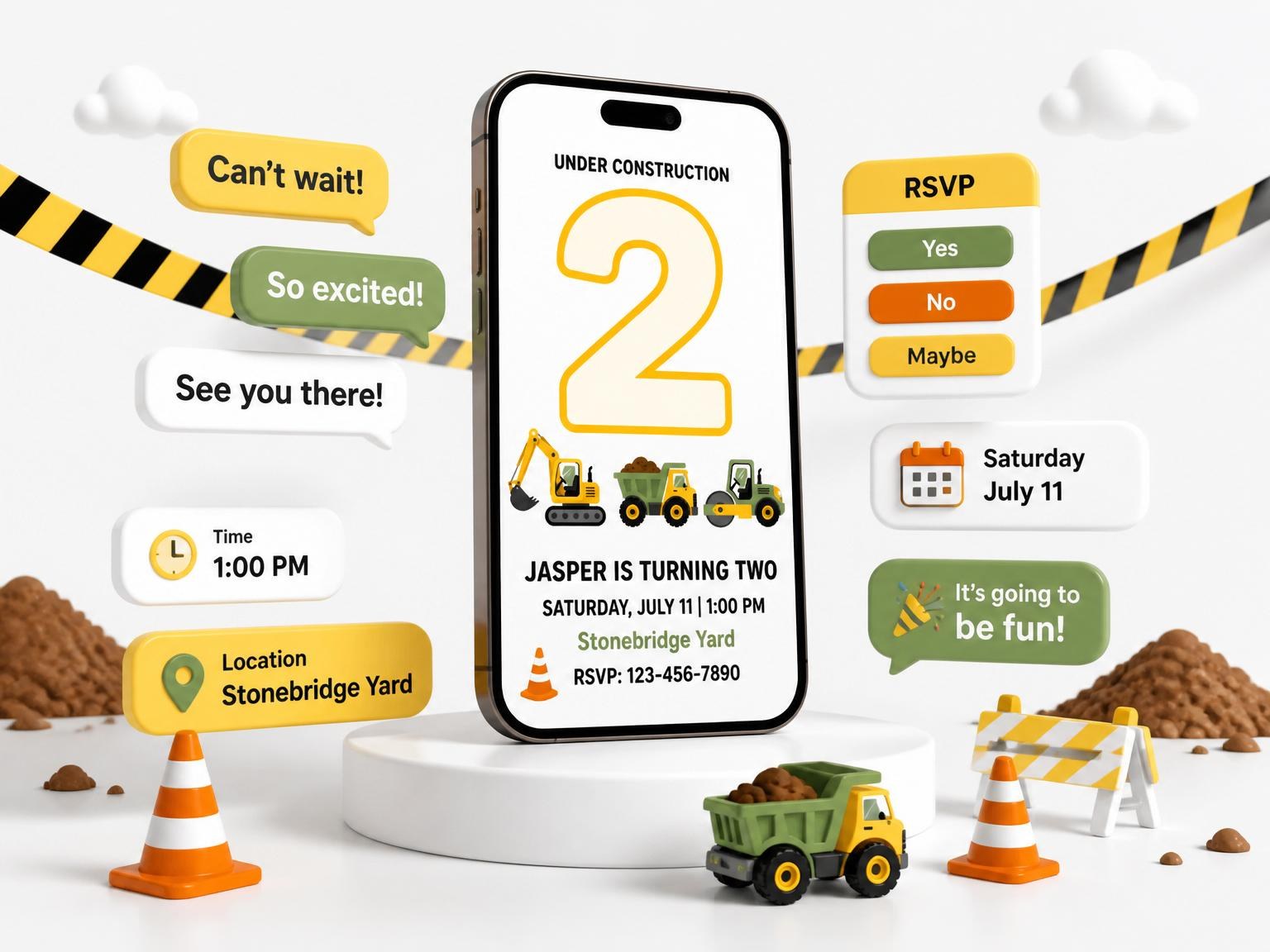 The Yellow Construction Heavy Machinery 2nd Birthday invitation on a phone, with guest RSVPs arriving around it