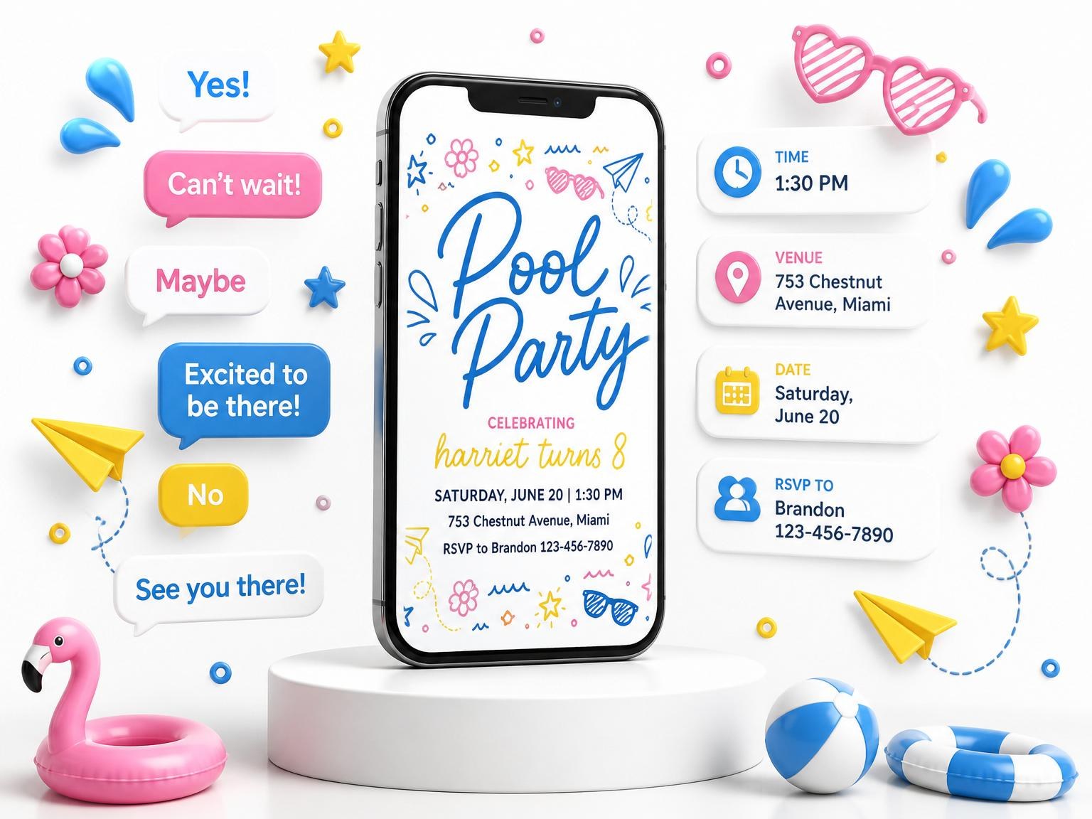 The Blue Yellow Pink Doodle Pool Birthday invitation on a phone, with guest RSVPs arriving around it