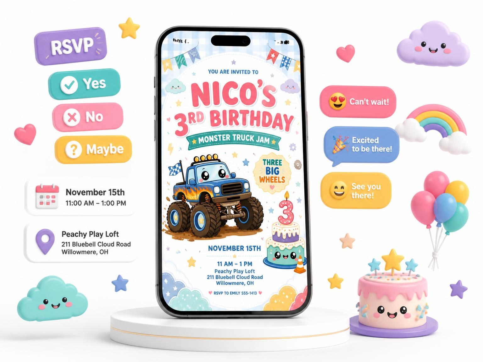 The Kawaii Monster Truck 3rd Birthday Invitation invitation on a phone, with guest RSVPs arriving around it