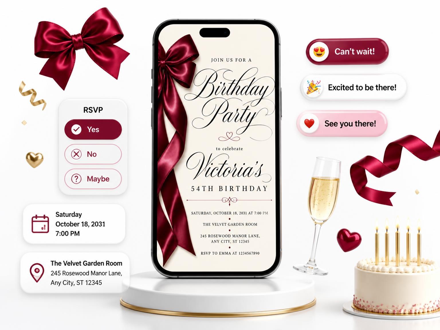 The Burgundy Satin Bow 54th Birthday Invitation invitation on a phone, with guest RSVPs arriving around it