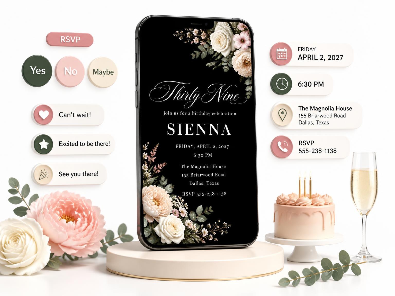 The Black Floral 39th Birthday Invitation invitation on a phone, with guest RSVPs arriving around it