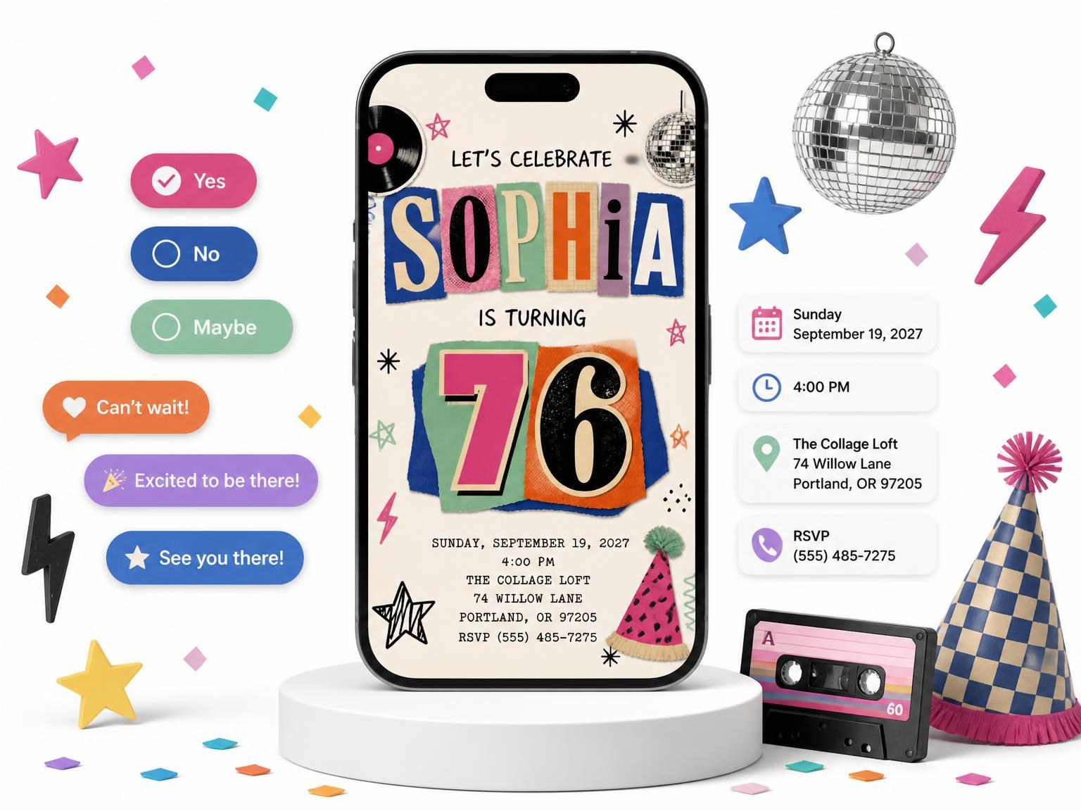 The Retro Paper Collage 76th Birthday Invitation invitation on a phone, with guest RSVPs arriving around it