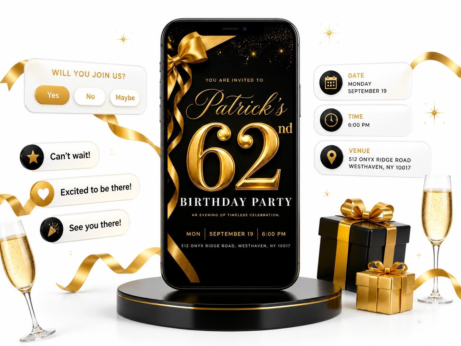 The Black and Gold Ribbon 62nd Birthday invitation on a phone, with guest RSVPs arriving around it