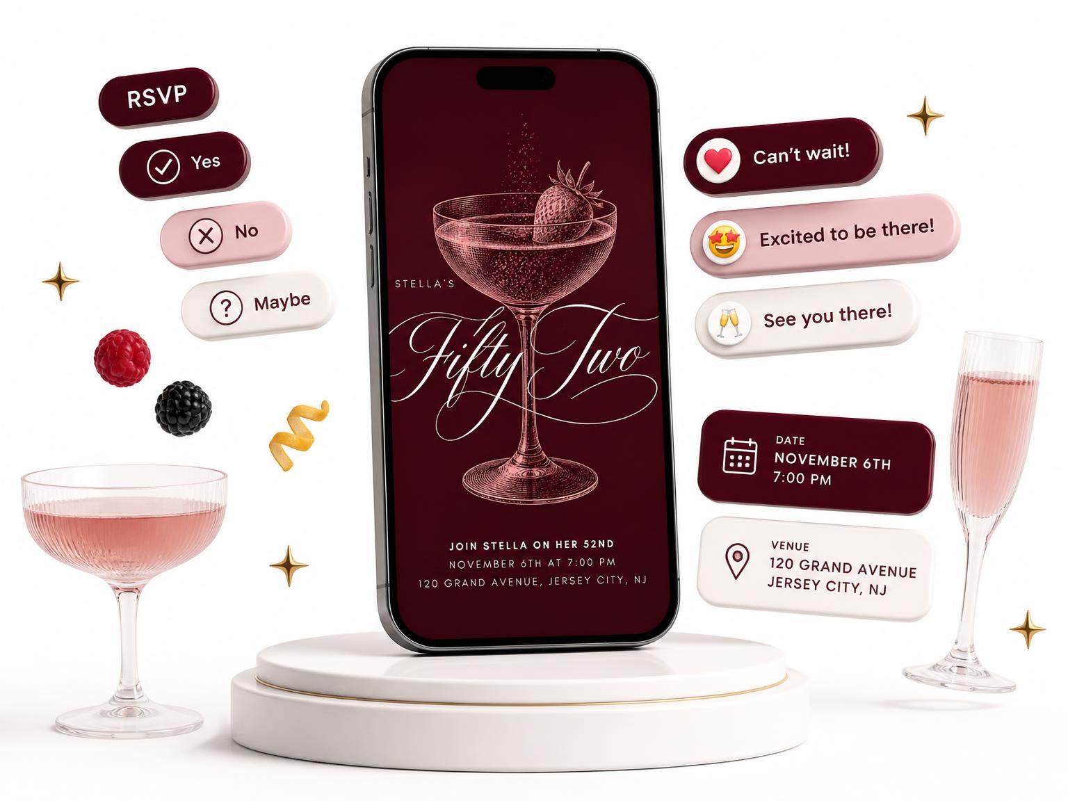The Burgundy Cocktail 52nd Birthday Invitation invitation on a phone, with guest RSVPs arriving around it