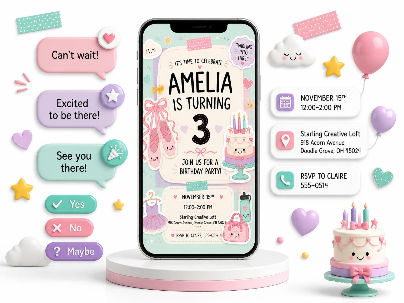 The Ballet Slippers Pastel 3rd Birthday Invitation invitation on a phone, with guest RSVPs arriving around it