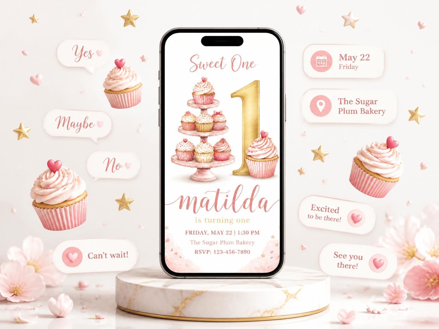 The Watercolor Cupcake Gold Number 1st Birthday invitation on a phone, with guest RSVPs arriving around it