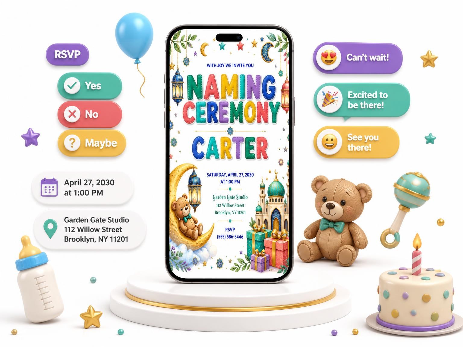 The Mosque Palace Naming Ceremony Invitation invitation on a phone, with guest RSVPs arriving around it