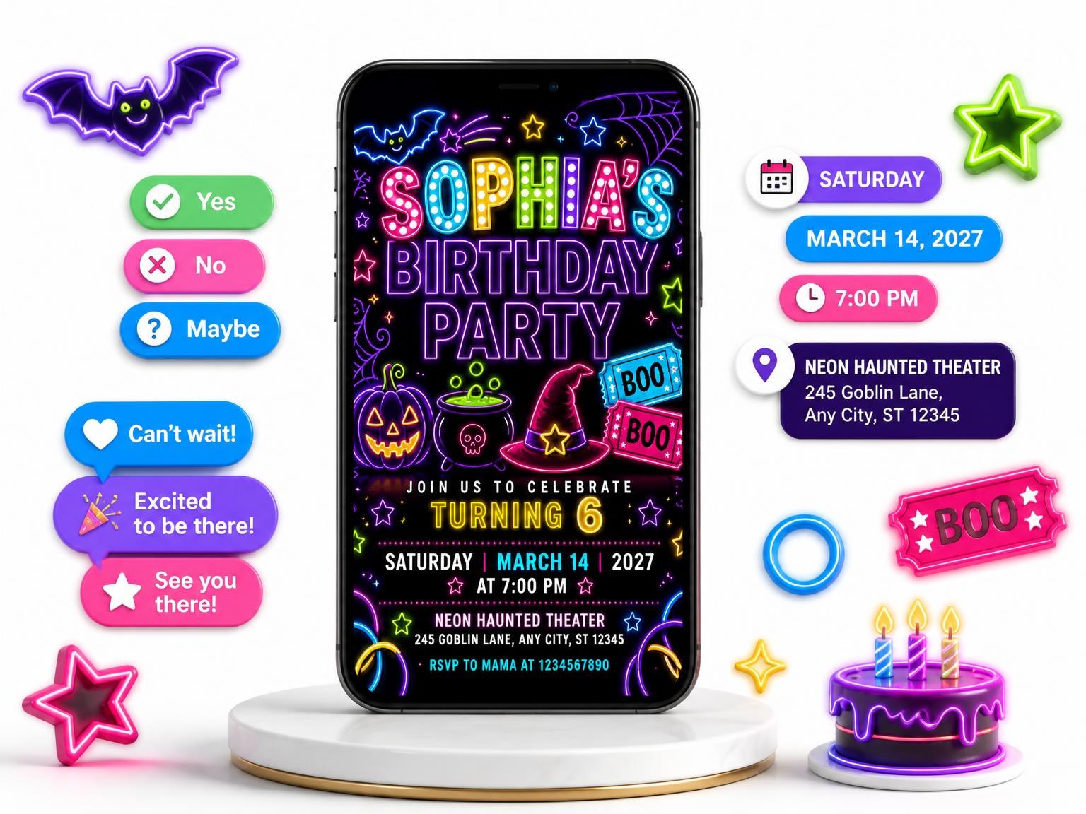 The Neon Halloween Glow 6th Birthday Invitation invitation on a phone, with guest RSVPs arriving around it