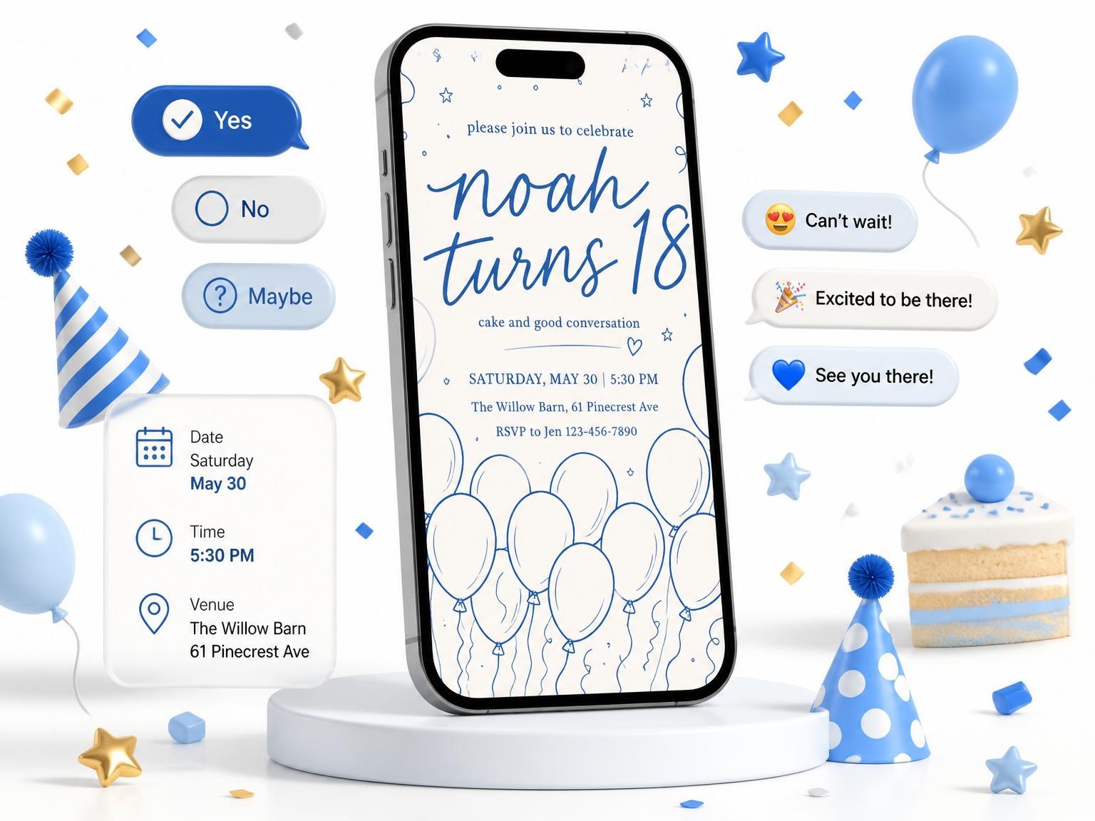 The Blue Balloon Star 18th Birthday invitation on a phone, with guest RSVPs arriving around it