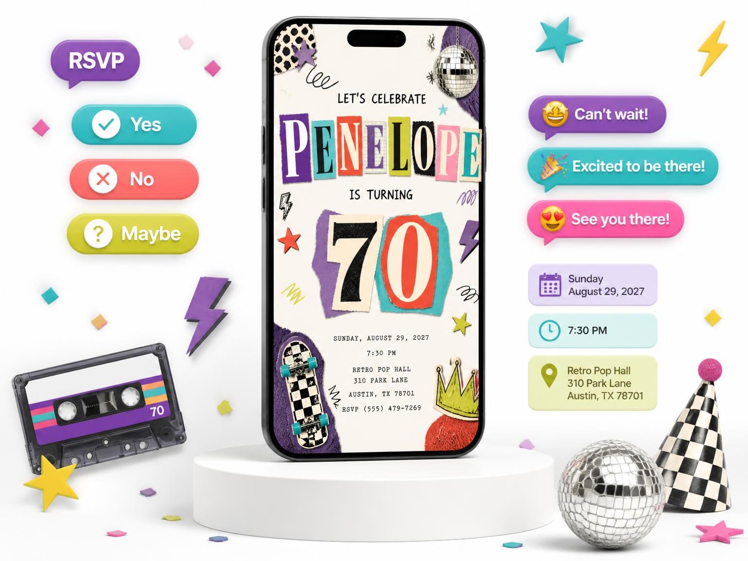 The Retro Paper Collage 70th Birthday Invitation invitation on a phone, with guest RSVPs arriving around it