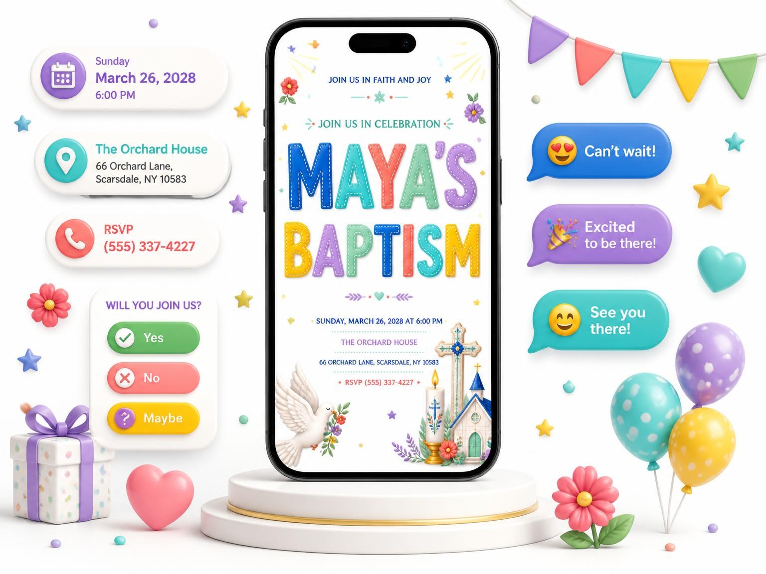 The Flying Dove Baptism Invitation invitation on a phone, with guest RSVPs arriving around it