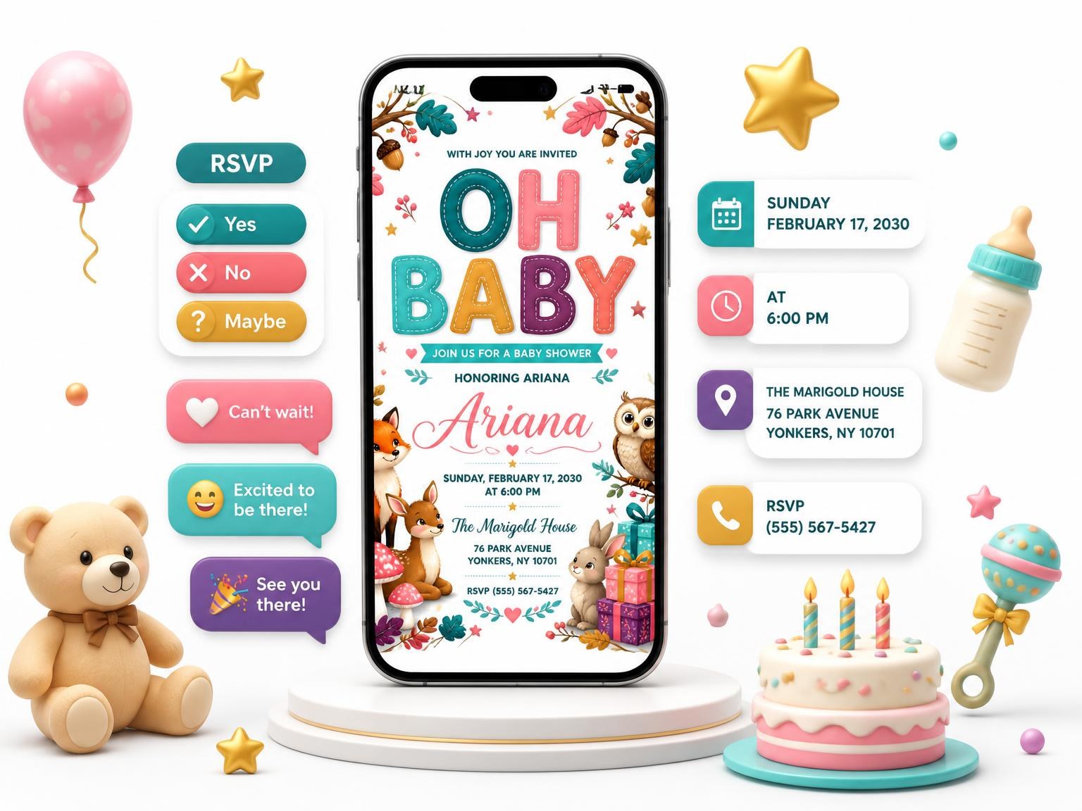 The Fox Fawn Baby Shower Invitation invitation on a phone, with guest RSVPs arriving around it