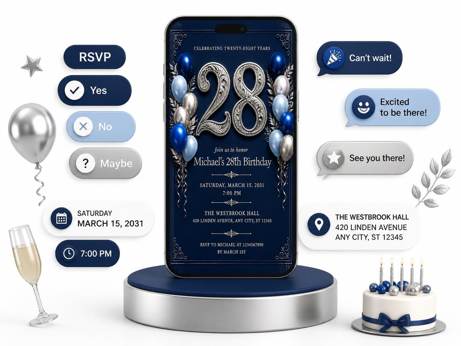 The Navy and Silver 28th Birthday Invitation invitation on a phone, with guest RSVPs arriving around it