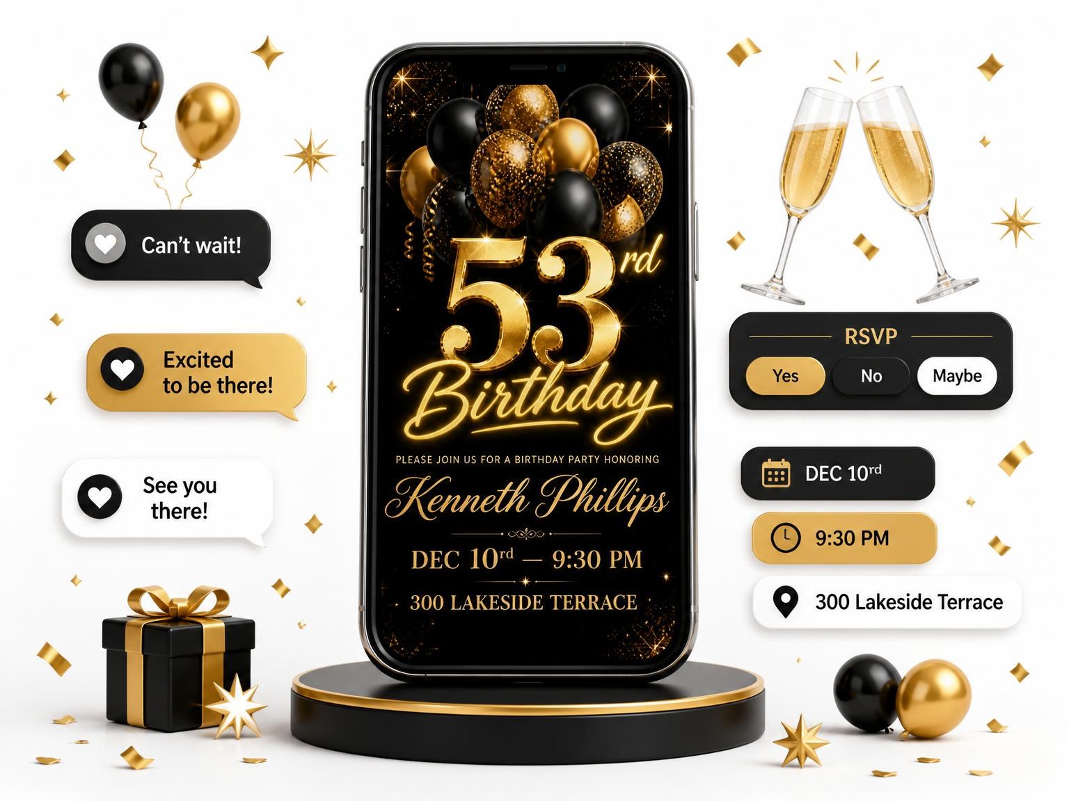The Black and Gold Balloon 53rd Birthday Invitation invitation on a phone, with guest RSVPs arriving around it