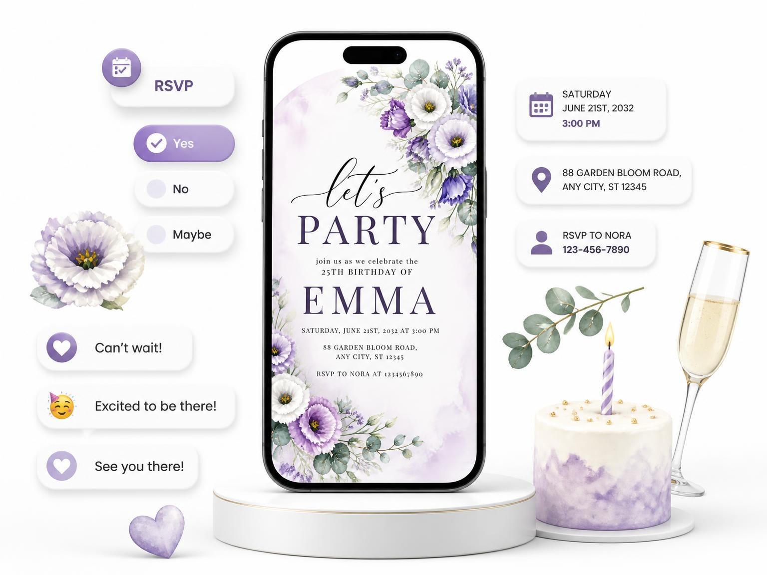 The Floral Bouquet Lavender 25th Birthday Invitation invitation on a phone, with guest RSVPs arriving around it