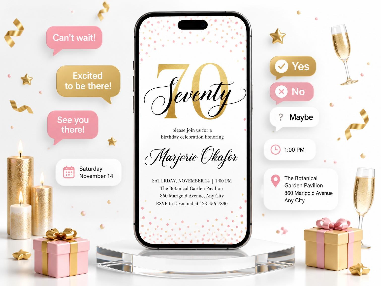 The Gold Pink Confetti 70th Birthday invitation on a phone, with guest RSVPs arriving around it