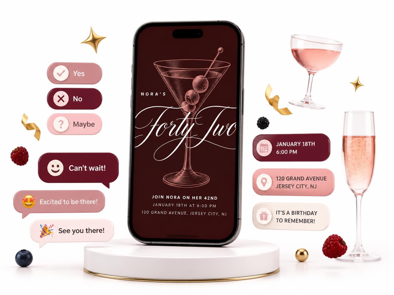 The Burgundy Cocktail 42nd Birthday Invitation invitation on a phone, with guest RSVPs arriving around it