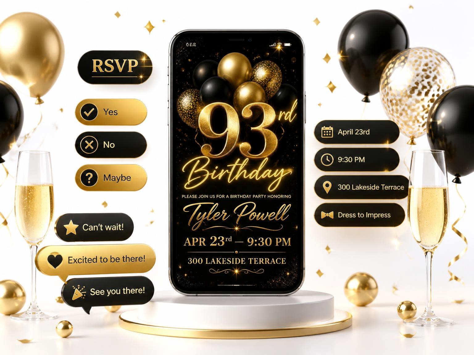 The Black and Gold Balloon 93rd Birthday invitation on a phone, with guest RSVPs arriving around it