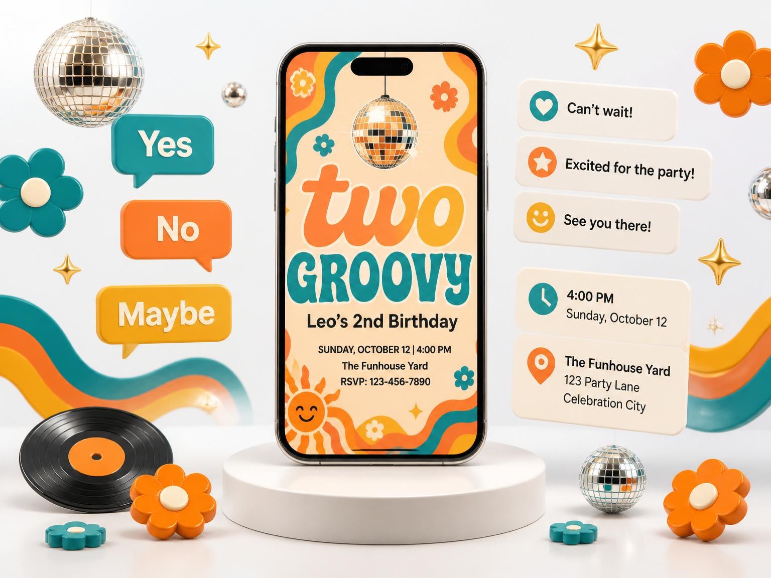 The Retro 70s Disco 2nd Birthday invitation on a phone, with guest RSVPs arriving around it