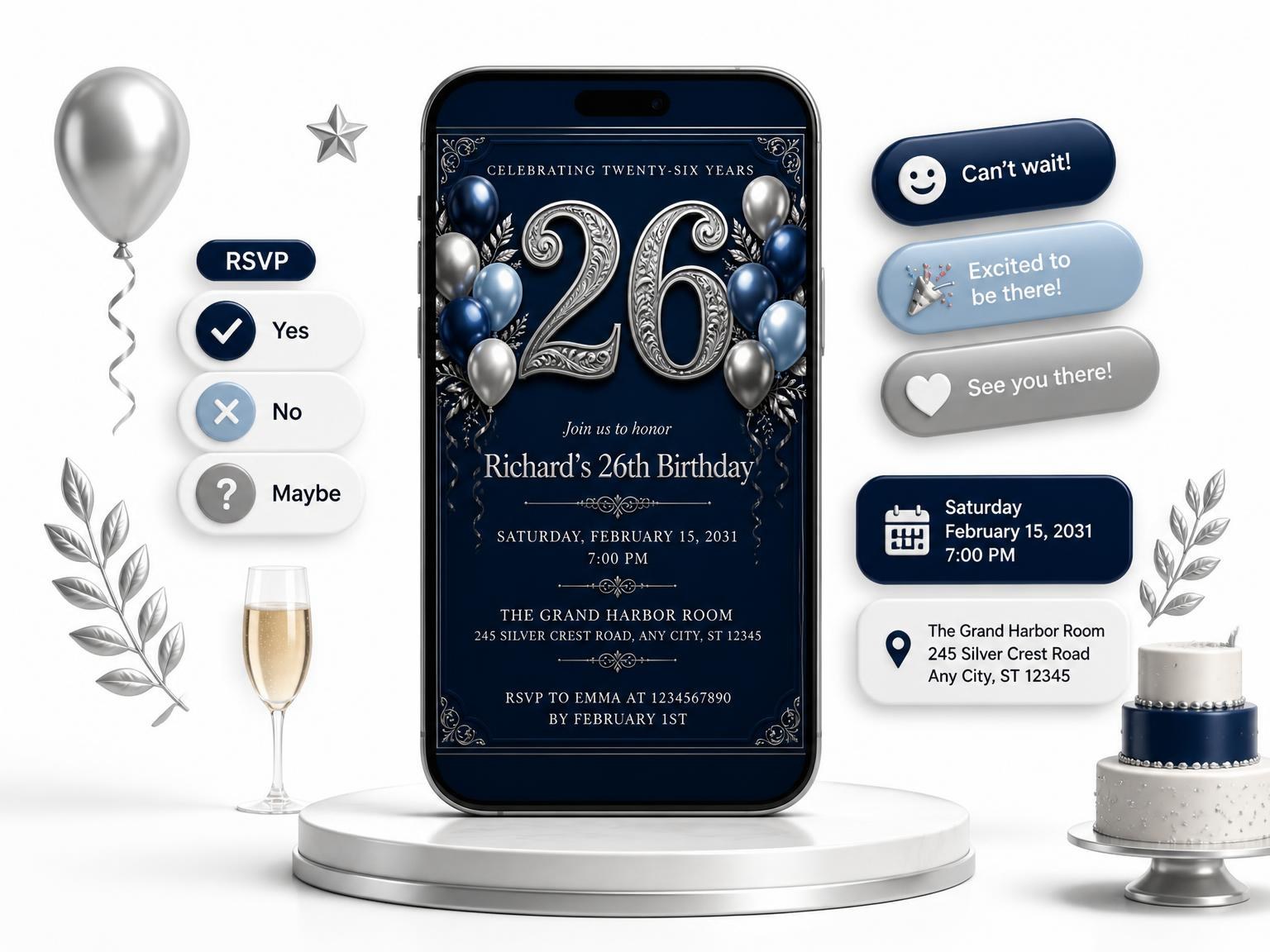 The Navy and Silver 26th Birthday Invitation invitation on a phone, with guest RSVPs arriving around it