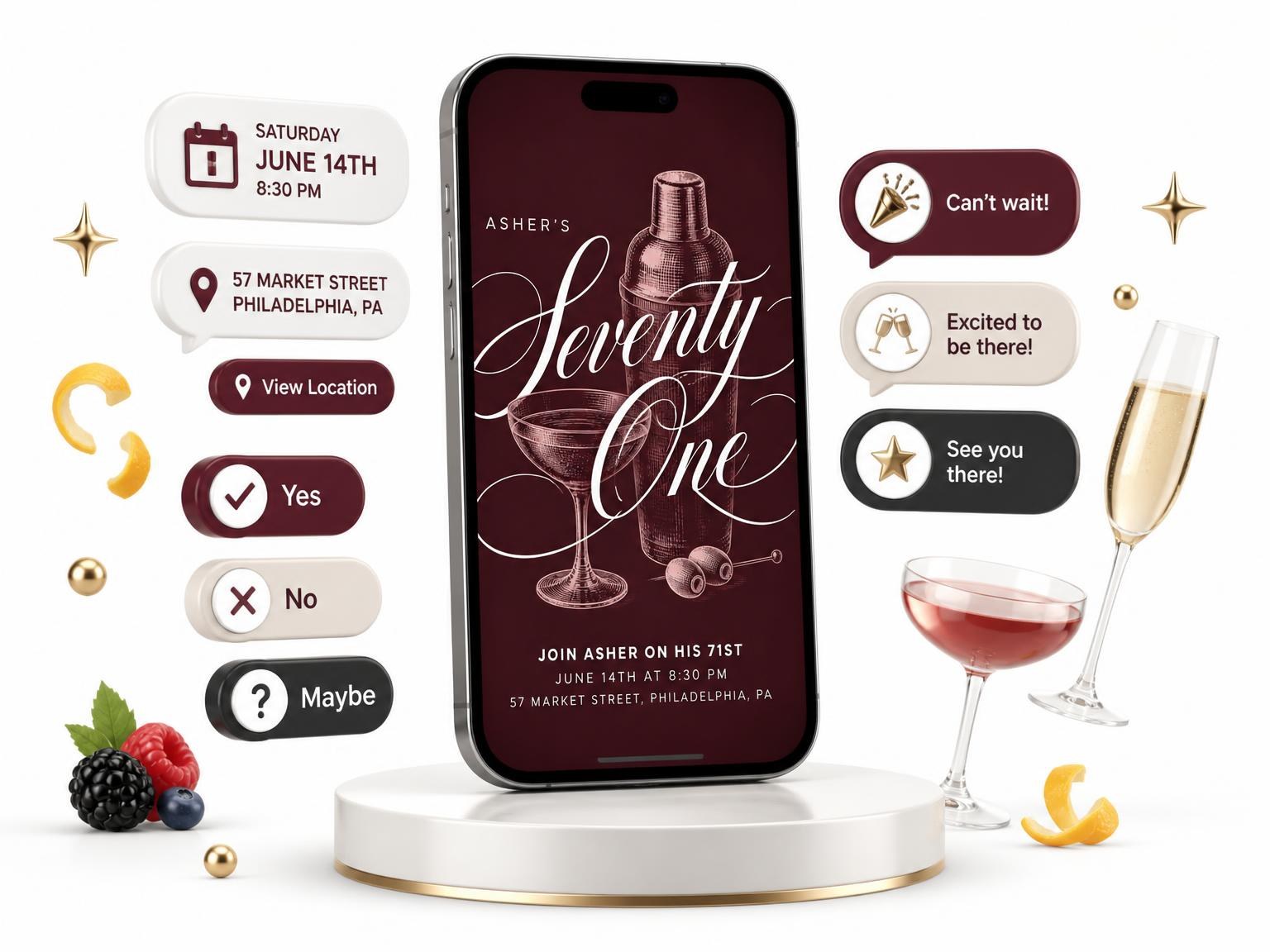 The Burgundy Cocktail 71st Birthday Invitation invitation on a phone, with guest RSVPs arriving around it