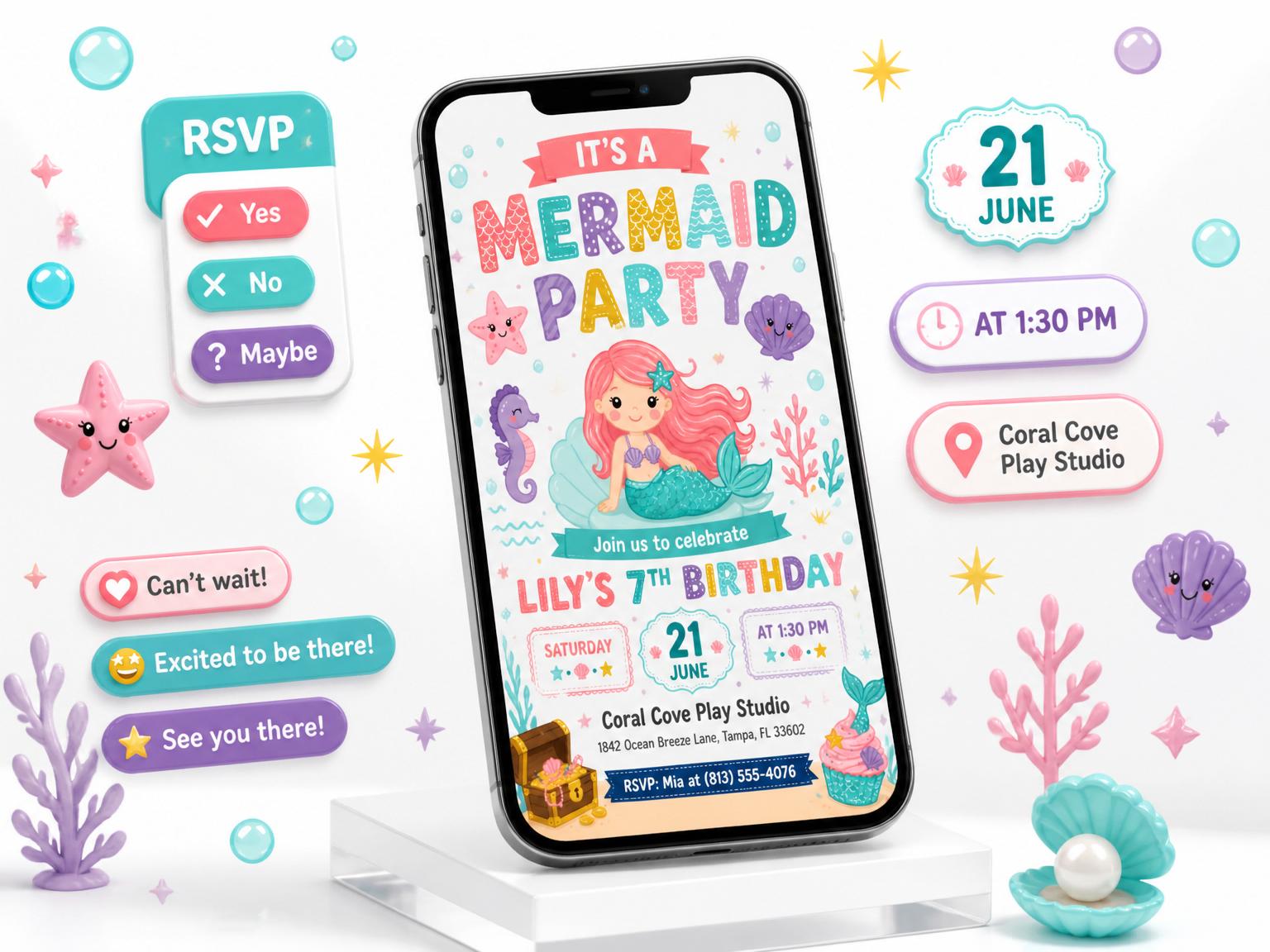 The Magical Mermaid Cove 7th Birthday Party invitation on a phone, with guest RSVPs arriving around it