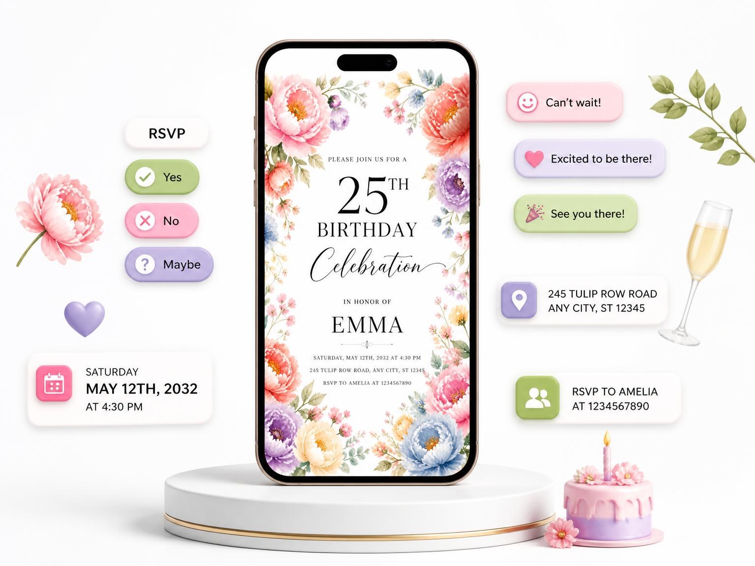 The Pastel Peony Floral 25th Birthday Invitation invitation on a phone, with guest RSVPs arriving around it