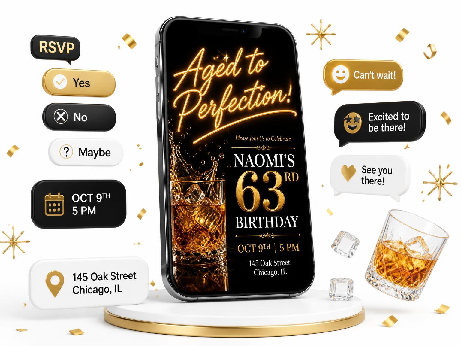 The Black and Gold Whiskey 63rd Birthday Invitation invitation on a phone, with guest RSVPs arriving around it