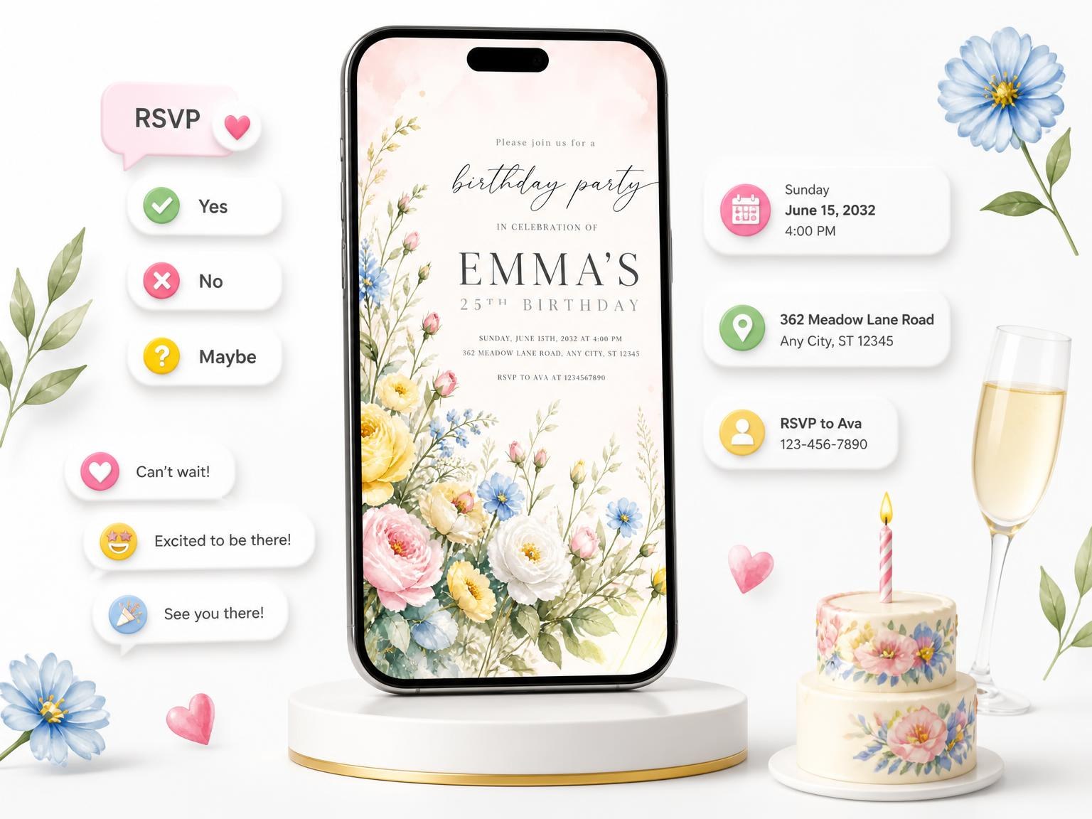 The Spring Floral Bouquet 25th Birthday Invitation invitation on a phone, with guest RSVPs arriving around it