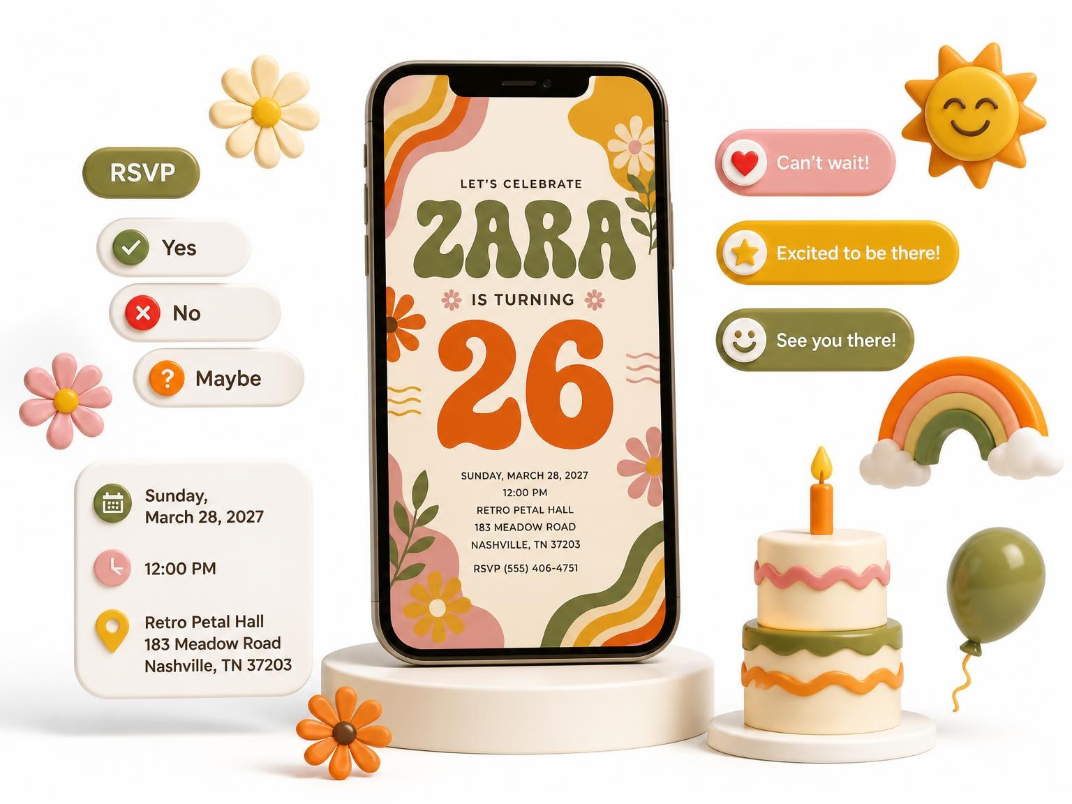 The Groovy Retro 26th Birthday Invitation invitation on a phone, with guest RSVPs arriving around it